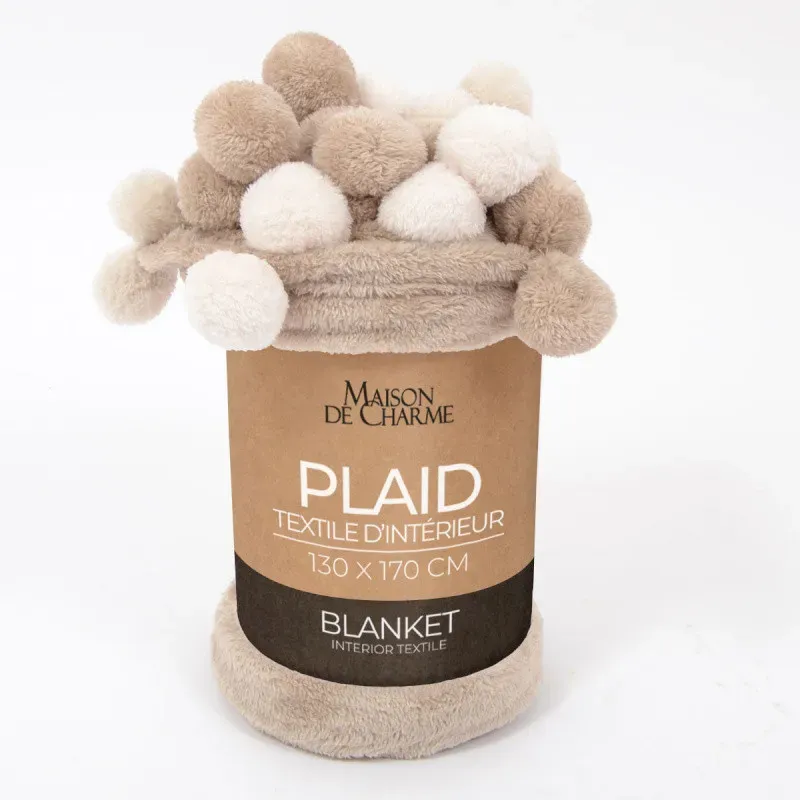 PONNIE PLAID Taupe PomPom 130x170cm